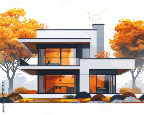 Large white house with a lot of windows and a fireplace. The house is surrounded by trees and has a lot of greenery. The house is painted in orange and white, giving it a warm and inviting feel