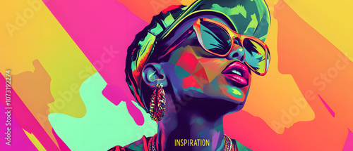 Vibrant Portrait of a Woman in Sunglasses with Bold Colors and Geometric Shapes, Vibrant Portrait of a Woman in Sunglasses with Bold Colors and G