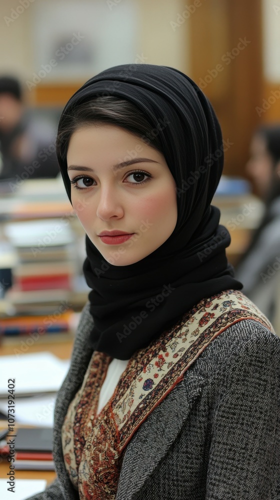 A woman wearing a black scarf and a black jacket sits in front of a desk with a stack of books A woman wearing a black scarf and a black jacket sits in front of a desk with a stack of books