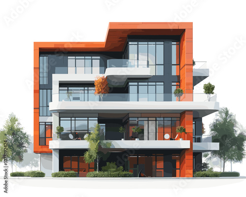 Tall building with a red facade and a white trim. The building has a lot of windows and balconies