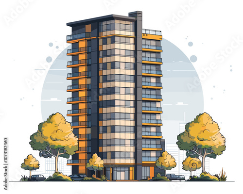 Tall building with a tree in front of it. The building is made of glass and has a lot of windows. The tree is in front of the building and has leaves that are yellow