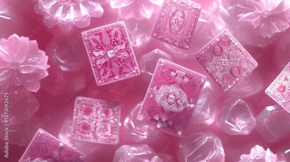 An overhead shot of tarot cards with intricate patterns, surrounded by pink crystals and a soft, ambient glow, evoking a sense of mystery An overhead shot of tarot cards with intricate patterns, surrounded by pink crystals and a soft, ambient glow, evoking a sense of mystery