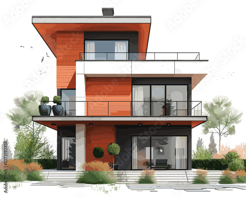 Large, modern house with a red brick exterior and a white trim. The house has a balcony and a large window on the front. The house is surrounded by a lush green lawn and trees