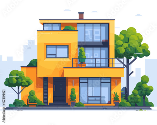 Large yellow house with a green tree in front of it. The house has a lot of windows and a balcony