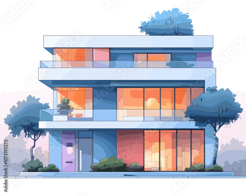 Tall white building with a balcony and a tree in front of it. The building is designed to look like a modern apartment