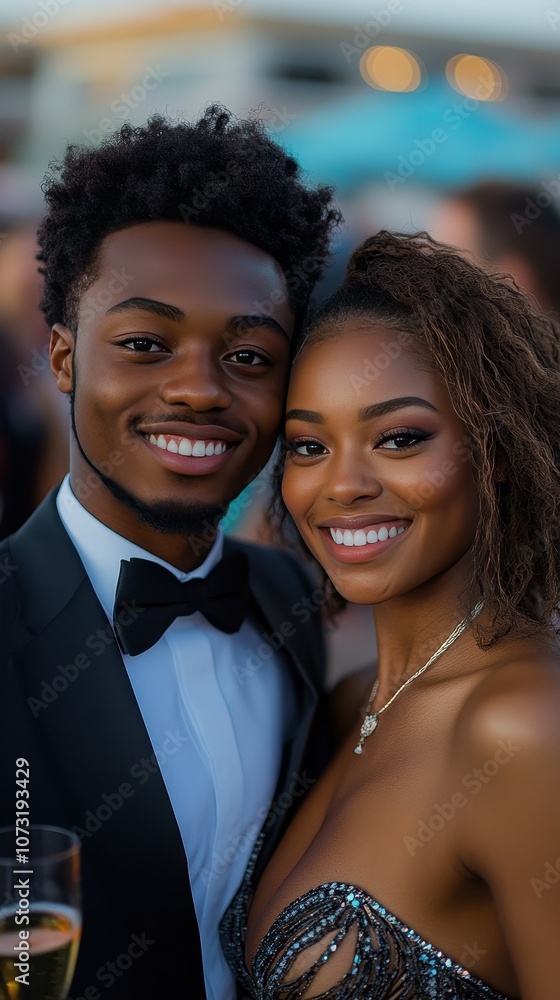 A man and a woman are smiling at the camera. The man is wearing a black suit and tie, and the woman is wearing a black dress. They are both wearing neckties, and the man's tie is black A man and a woman are smiling at the camera. The man is wearing a black suit and tie, and the woman is wearing a black dress. They are both wearing neckties, and the man's tie is black