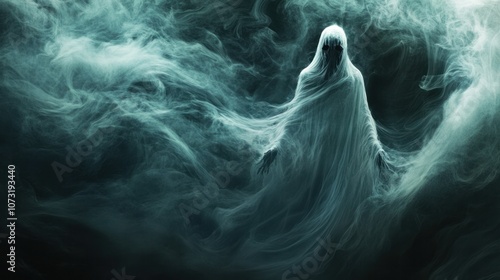 Ghost emerging from a dark abyss, semi-transparent, with a soft, haunting glow and mist swirling around its figure