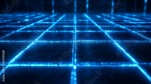 Wallpaper Mural A high-tech digital floor with glowing neon blue lines intersecting to form a luminous grid on a dark surface. Torontodigital.ca