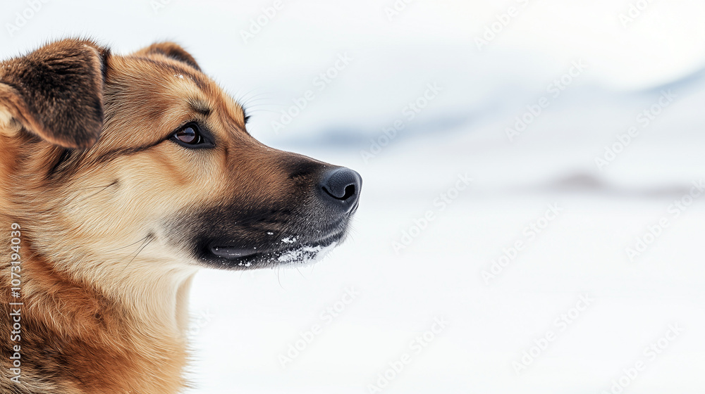 Close-up portrait of a sled dog looking intently to the side in a snowy landscape during winter Close-up portrait of a sled dog looking intently to the side in a snowy landscape during winter