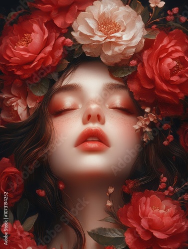 A close-up portrait of a serene woman adorned with vibrant red and white flowers, capturing a sense of beauty and tranquility, Ideal for beauty brands, floral designs, or wellness promotions,