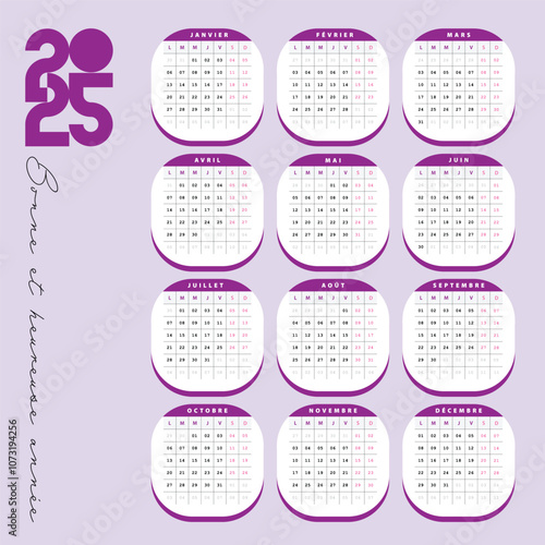 Calendrier 2025 violet, Design arrondi de calendrier Français