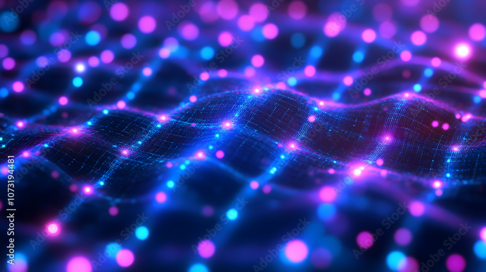 A dynamic glowing mesh of blue and pink lights forming an interconnected wave pattern, representing futuristic energy flow. A dynamic glowing mesh of blue and pink lights forming an interconnected wave pattern, representing futuristic energy flow.