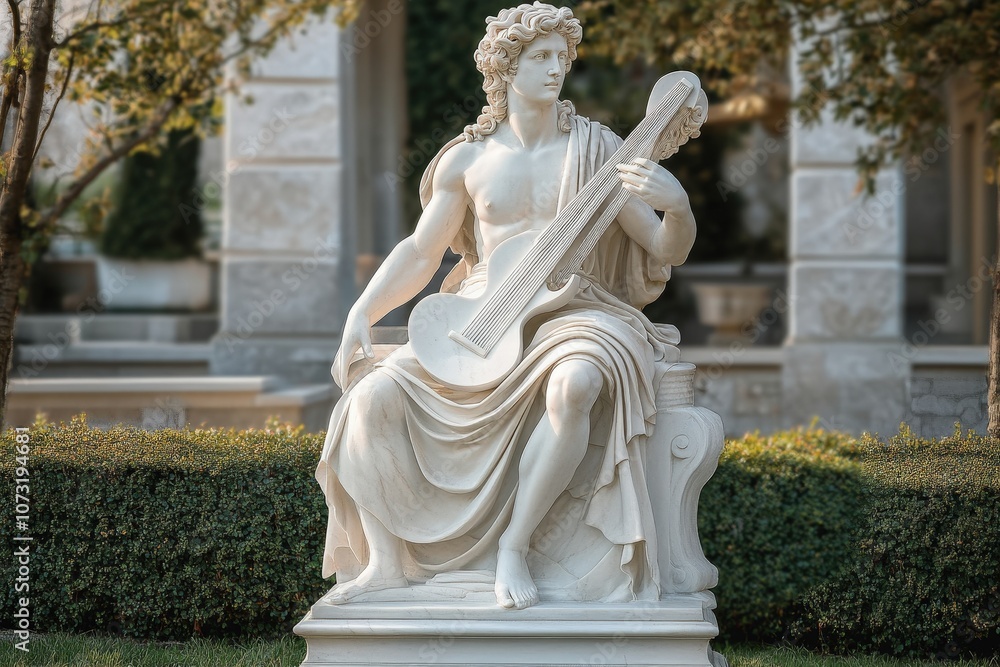 Fototapeta premium Elegant marble statue of Apollo, the Greek god of music and prophecy, holding a lyre, set in a lush garden background with greenery and classical elements