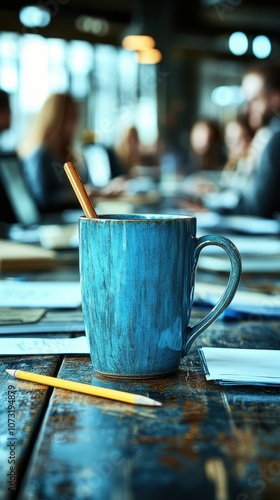A blue mug with a pencil and a yellow pencil holder on a table. The mug is placed on a wooden table with a group of people sitting around it. The scene suggests a casual and relaxed atmosphere
