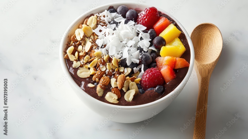 Vibrant Acai Bowl: Top View of Fresh Fruits and Nuts in a White Ceramic Bowl, Accented by a Wooden Spoon and Coconut Flakes. Professional Food Photography. Vibrant Acai Bowl: Top View of Fresh Fruits and Nuts in a White Ceramic Bowl, Accented by a Wooden Spoon and Coconut Flakes. Professional Food Photography.