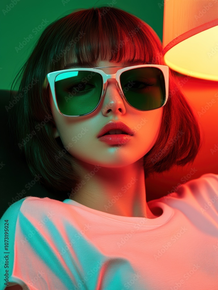 A stylish young woman with short hair wears striking green sunglasses, illuminated by colorful lights, This image is ideal for fashion, lifestyle blogs, or advertising campaigns, A stylish young woman with short hair wears striking green sunglasses, illuminated by colorful lights, This image is ideal for fashion, lifestyle blogs, or advertising campaigns,