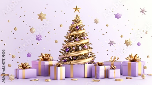 A giraffeshaped Christmas tree adorned with gold ribbons and presents, set against a vibrant purple backdrop. photo