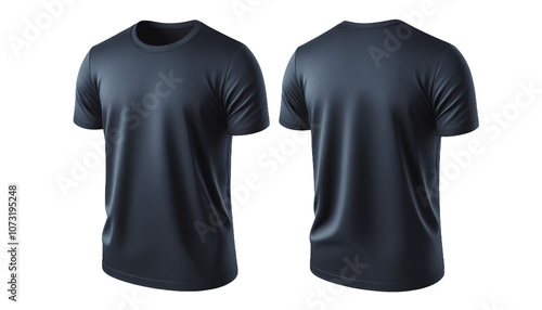 Two identical navy blue t shirts front and back isolated on transparent background Perfect for showcasing your design