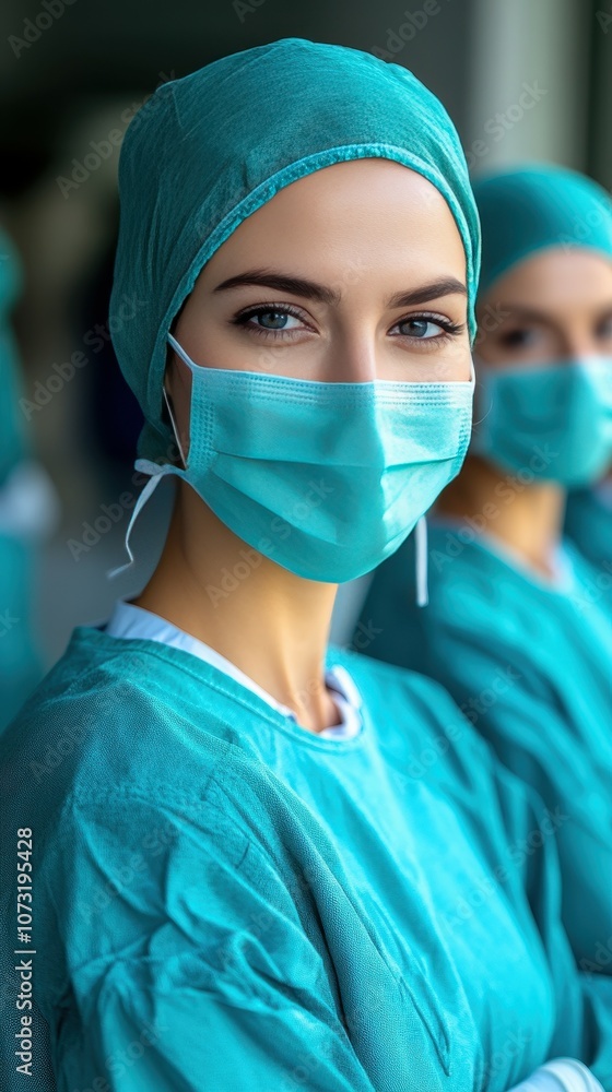 A woman in a blue surgical gown is wearing a mask. She is smiling and looking at the camera A woman in a blue surgical gown is wearing a mask. She is smiling and looking at the camera