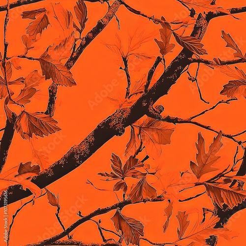 Orange Autumn Oak Tree Bark Oak Leaves Hunting Camo Pattern, Seamless Camouflage Foliage Texture