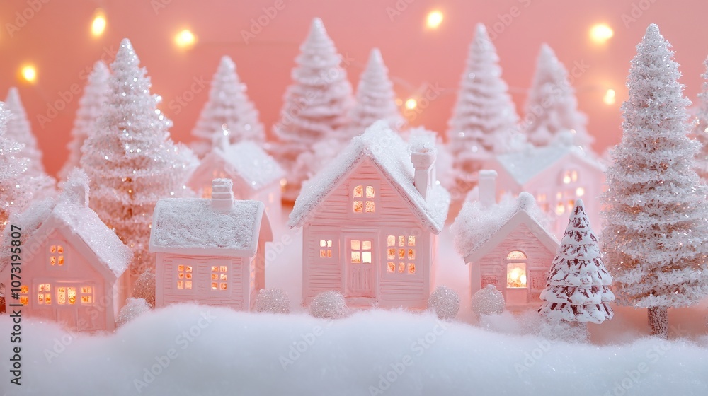 Cake in the shape of Christmas houses with a gardenia theme in pale pink and white. Decorated with lights, snowy trees, and gummy candy buildings, resembling a dreamy, fairy-tale ice sculpture Cake in the shape of Christmas houses with a gardenia theme in pale pink and white. Decorated with lights, snowy trees, and gummy candy buildings, resembling a dreamy, fairy-tale ice sculpture
