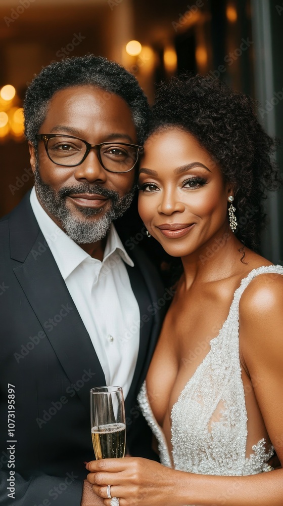 A man and a woman are posing for a picture. The man is wearing a suit and glasses, while the woman is wearing a dress. They are holding a champagne glass A man and a woman are posing for a picture. The man is wearing a suit and glasses, while the woman is wearing a dress. They are holding a champagne glass