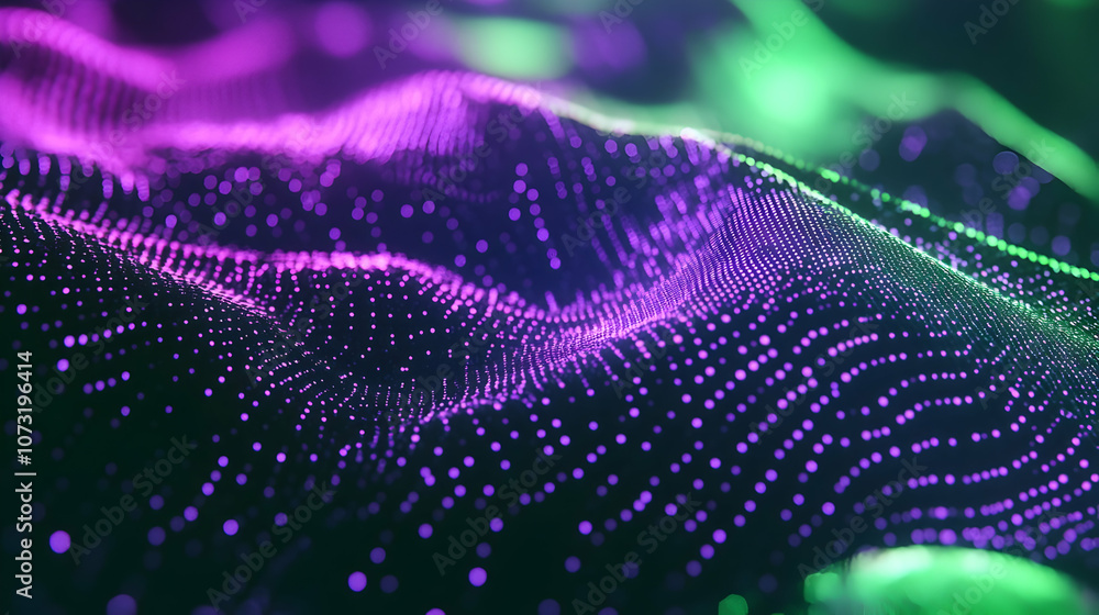 A flowing purple wave covered with luminous green dots, representing a dynamic and futuristic digital field. A flowing purple wave covered with luminous green dots, representing a dynamic and futuristic digital field.