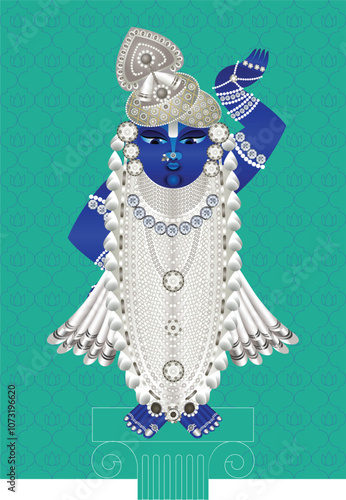 Shrinathji, Jagannath, or Lord Krishna with cows, in Indian folk painting Pichwai style	
