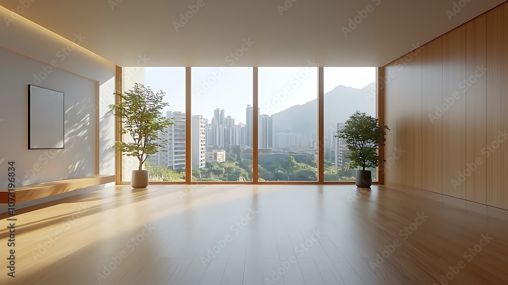 Fototapeta premium Bright and spacious modern interior design showcases stunning city views through large windows
