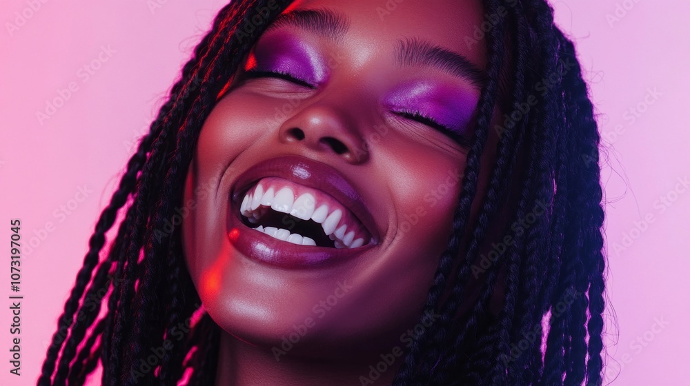 A woman with purple hair and a big smile A woman with purple hair and a big smile