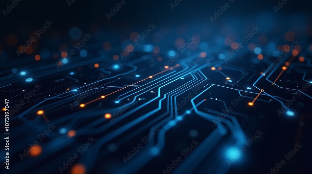 Central microchip with glowing orange circuit lines on a dark tech background Central microchip with glowing orange circuit lines on a dark tech background