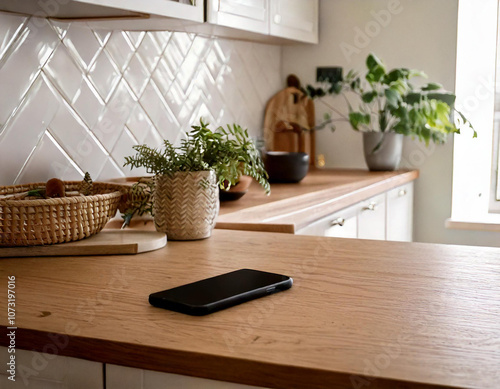 Blank smartphone on a kitchen counter