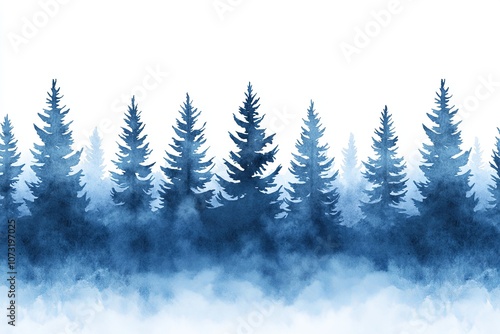 Serene winter holiday forest with silhouettes of pine trees in dark blue tones creating a peaceful atmosphere