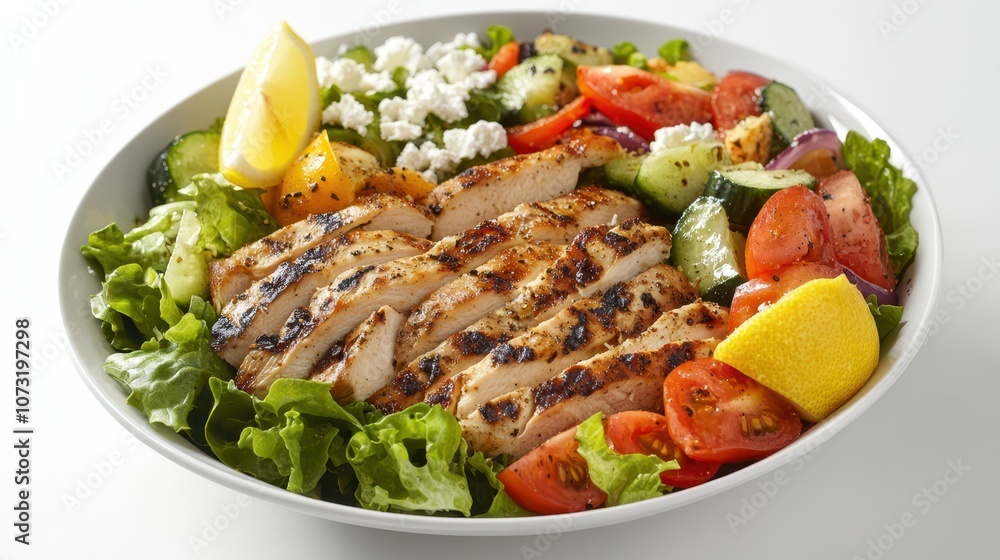 Vibrant Salad Bowl with Grilled Chicken, Mixed Greens, and Vegetables: Professional Food Photography with Lemon and Feta Props in Soft Natural Light. Vibrant Salad Bowl with Grilled Chicken, Mixed Greens, and Vegetables: Professional Food Photography with Lemon and Feta Props in Soft Natural Light.