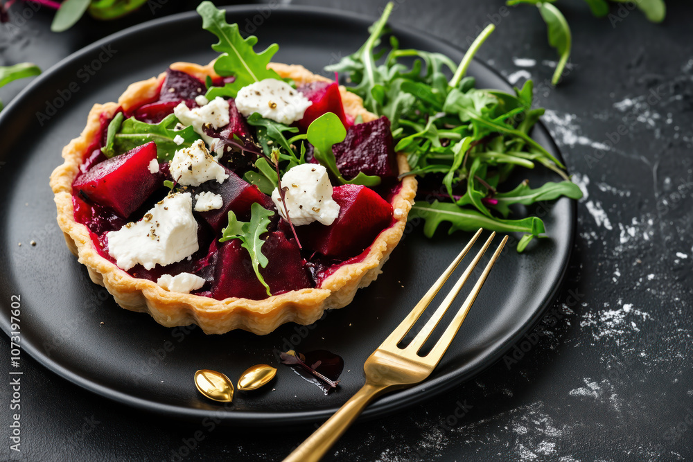 A dark plate with an mini tartlet on it, filled with beets and goat cheese, sprinkled with sumac powder and dill leaves
A dark plate with an mini tartlet on it, filled with beets and goat cheese, sprinkled with sumac powder and dill leaves