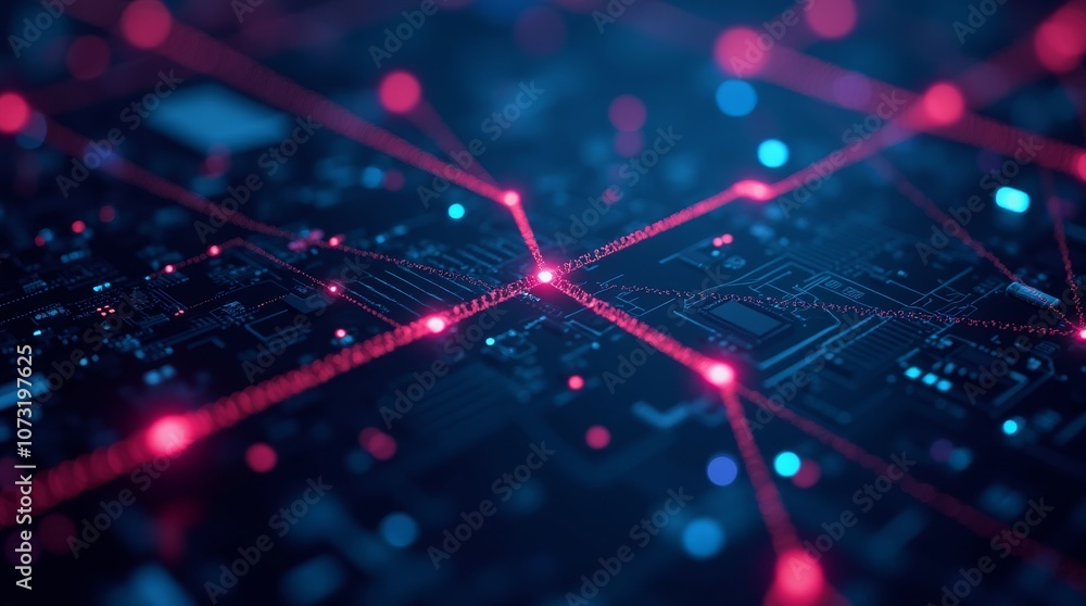 Vibrant digital circuit board with glowing lines and nodes, abstract technology background Vibrant digital circuit board with glowing lines and nodes, abstract technology background