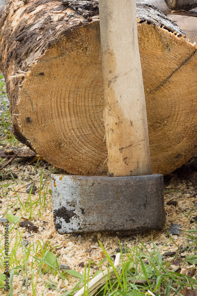 Cleaver ax for preparing firewood for the winter, vertical photo Cleaver ax for preparing firewood for the winter, vertical photo