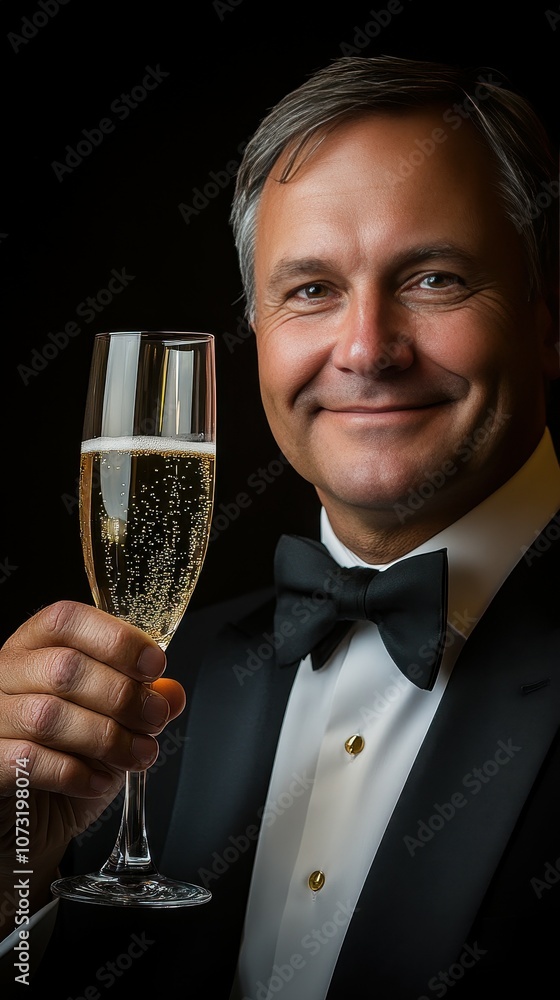 A man in a suit holding a champagne glass with a smile on his face. Concept of celebration and happiness A man in a suit holding a champagne glass with a smile on his face. Concept of celebration and happiness