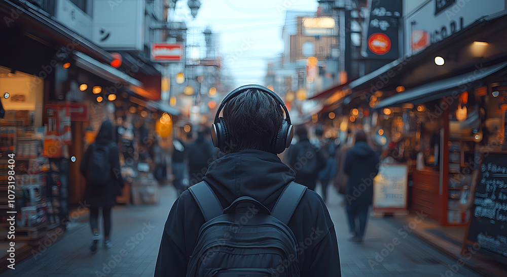 A person wearing headphones walking down a city street, blending into the vibrant urban environment with a blurred background, emphasizing a modern lifestyle, personal freedom, and the immersive exper A person wearing headphones walking down a city street, blending into the vibrant urban environment with a blurred background, emphasizing a modern lifestyle, personal freedom, and the immersive exper