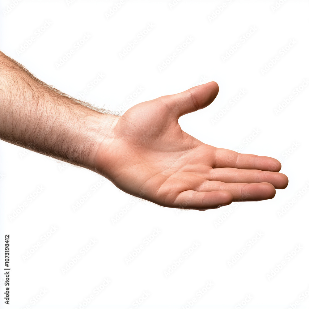 An isolated human hand palm down rests on a white background, showcasing its natural position and anatomy in a minimalistic setting