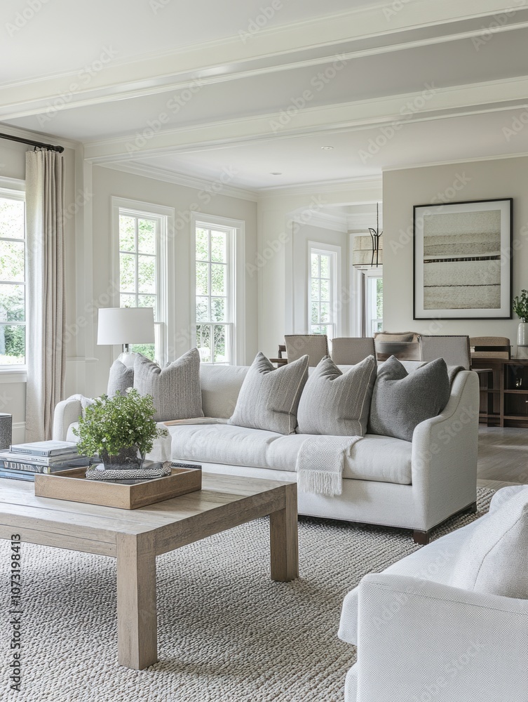Naklejka premium A Modern Living Room with a White Sofa, a Wooden Coffee Table, and a Pebble Rug
