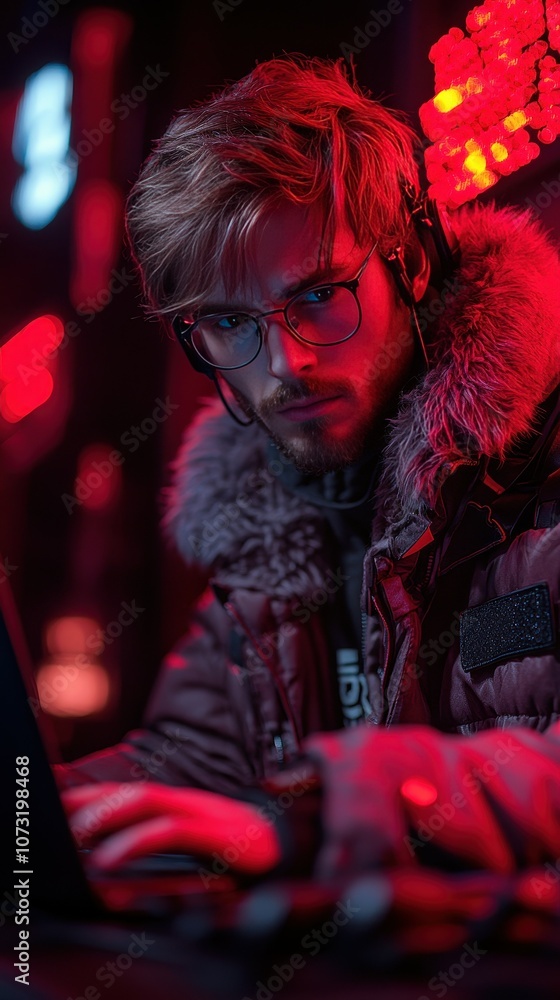 A man wearing a fur coat and glasses is typing on a laptop. The image has a moody and mysterious feel to it, as the man is in a dimly lit room with a red background A man wearing a fur coat and glasses is typing on a laptop. The image has a moody and mysterious feel to it, as the man is in a dimly lit room with a red background