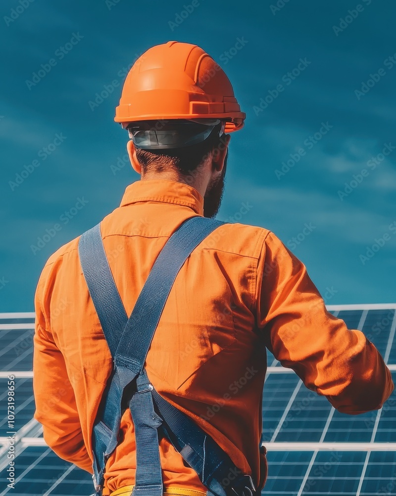 Construction worker installing solar panels on a sunny day. Construction worker installing solar panels on a sunny day.