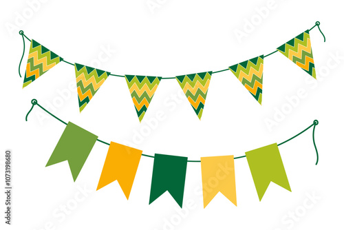 Festive pennant garland on rope in trendy traditional St Patrick Day colors. Greeting design element