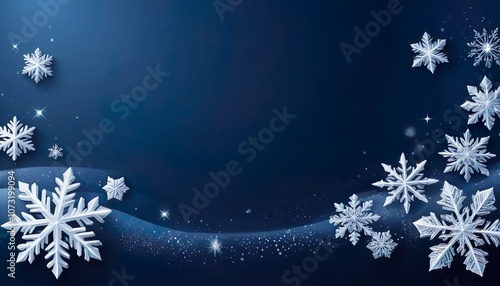 Snowflakes of different sizes are creating a winter frame on a dark blue background, with sparkling glitter adding a touch of magic to the scene, perfect for christmas projects.
