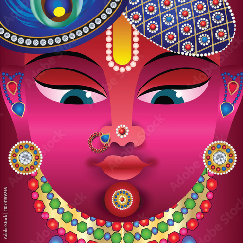 Shrinathji, Jagannath, or Lord Krishna with cows, in Indian folk painting Pichwai style	
