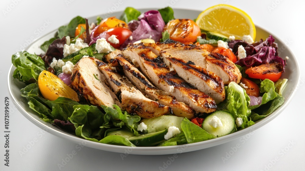 Vibrant Salad Bowl with Grilled Chicken, Mixed Greens, and Vegetables: Professional Food Photography with Lemon and Feta Props in Soft Natural Light. Vibrant Salad Bowl with Grilled Chicken, Mixed Greens, and Vegetables: Professional Food Photography with Lemon and Feta Props in Soft Natural Light.