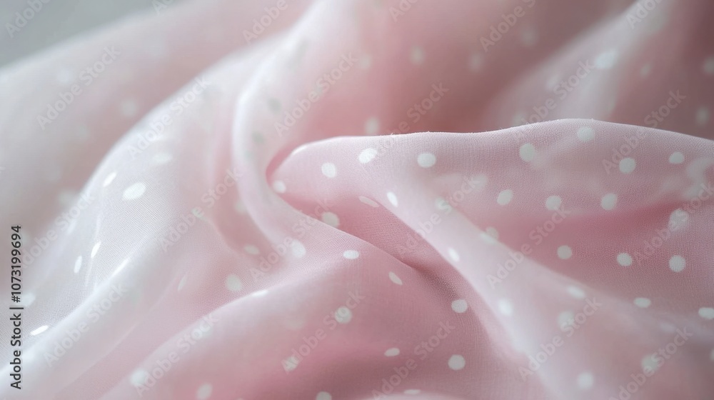 Close-up of soft, lightweight chiffon in soft pink with delicate polka dots, creating an airy and elegant texture Close-up of soft, lightweight chiffon in soft pink with delicate polka dots, creating an airy and elegant texture