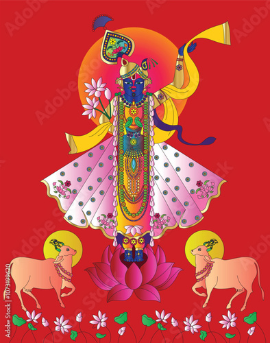 Shrinathji, Jagannath, or Lord Krishna with cows, in Indian folk painting Pichwai style	
