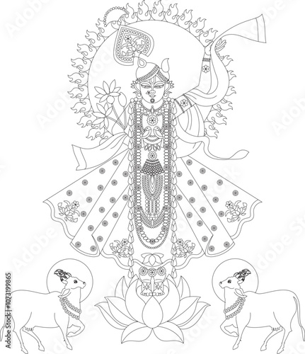 Shrinathji, Jagannath, or Lord Krishna with cows, in Indian folk painting Pichwai style	
